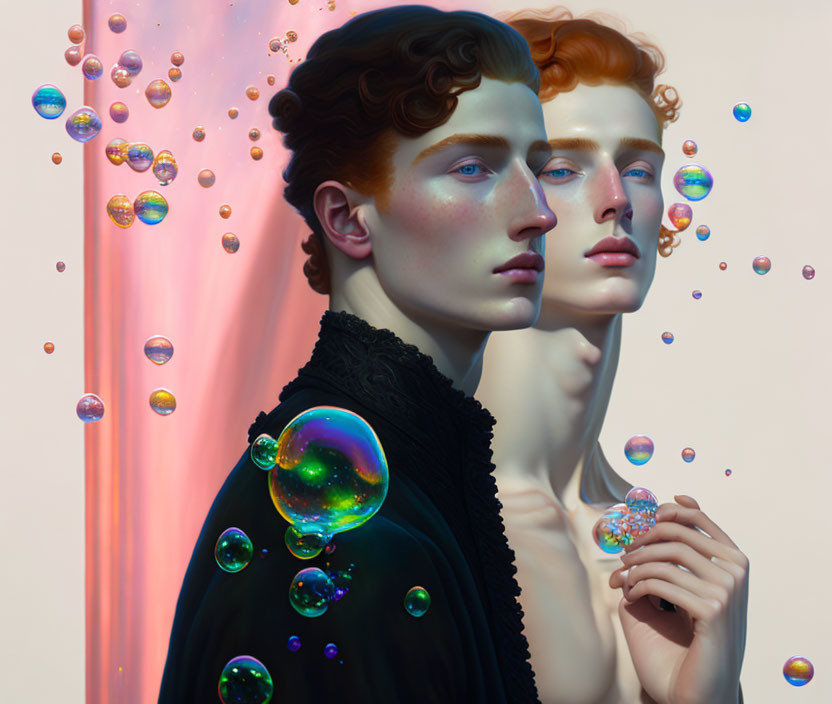 Identical Figures with Curly Hair in Dark Clothing Amid Iridescent Bubbles on Soft Pink Background