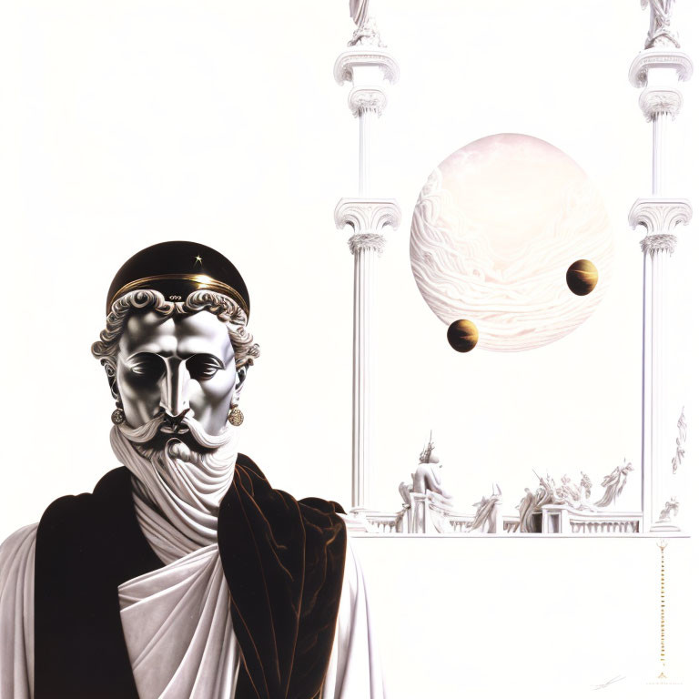 Surreal black and white illustration of dual-faced bust, draped fabric, columns, and planetary bodies