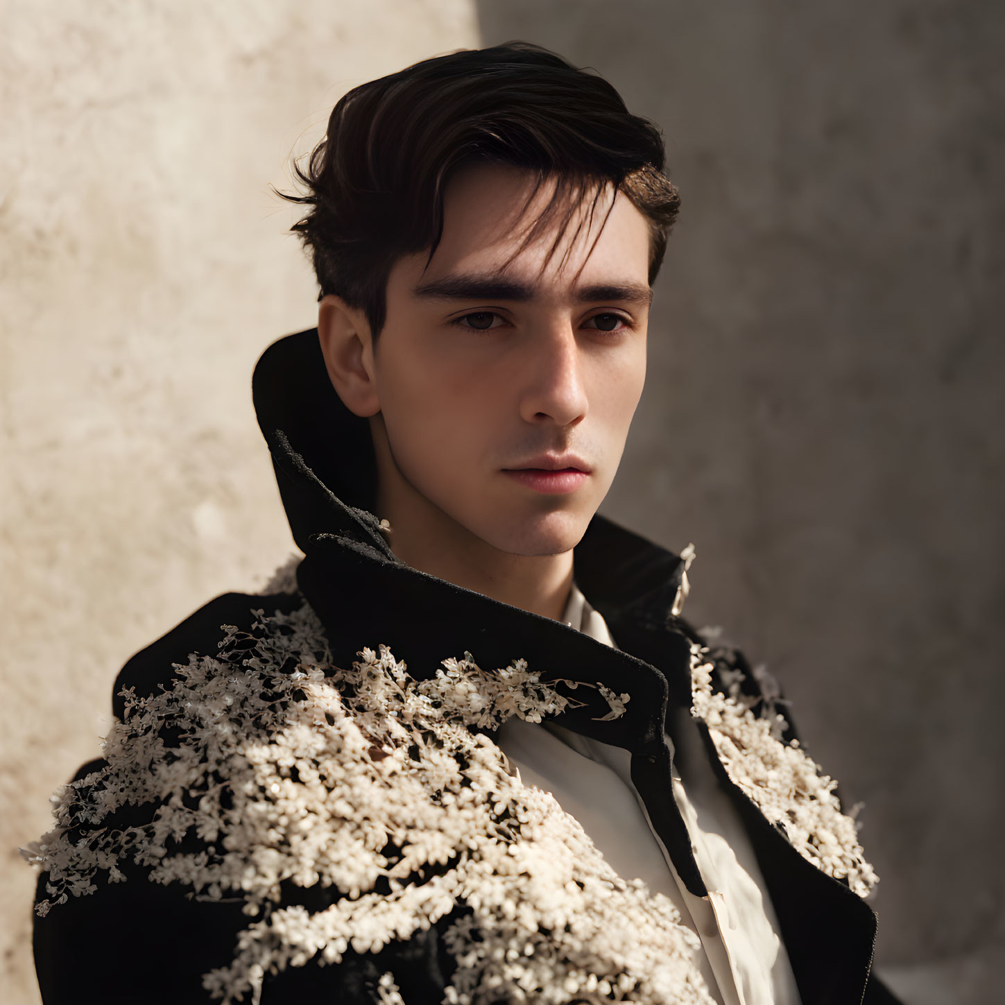 Dark-Haired Young Man in Black Jacket with White Flowers Gazes Intensely