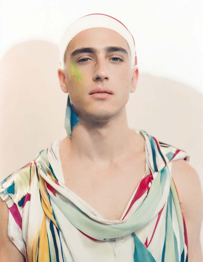 Bandaged head person in colorful draped garment with green paint splash on cheek against light backdrop