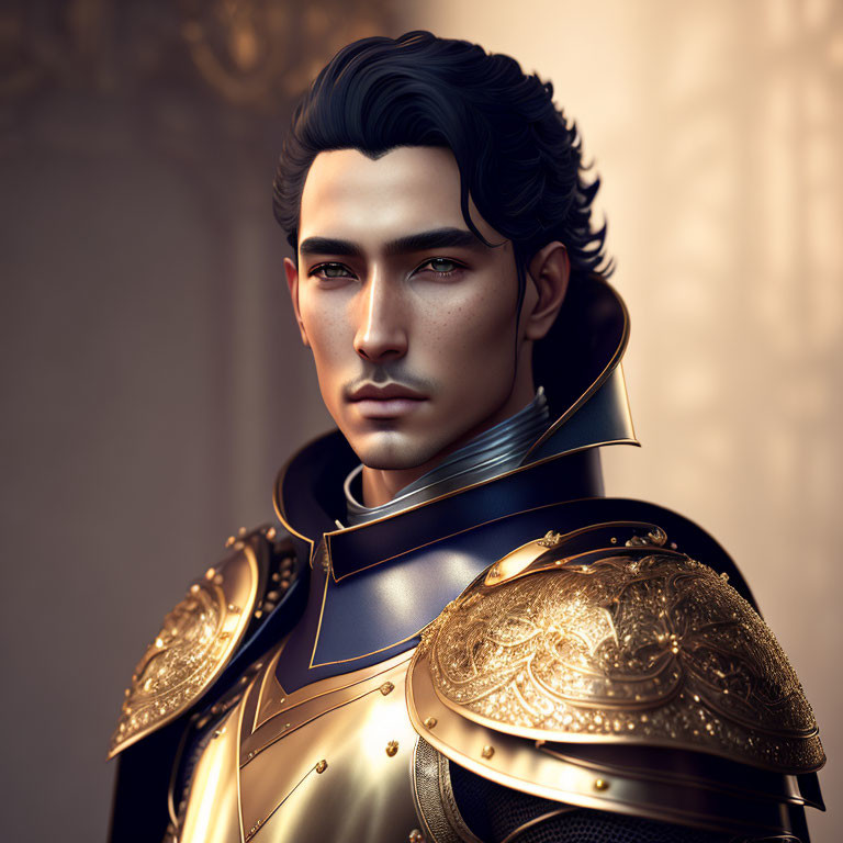 Noble man portrait in golden armor with dark hair