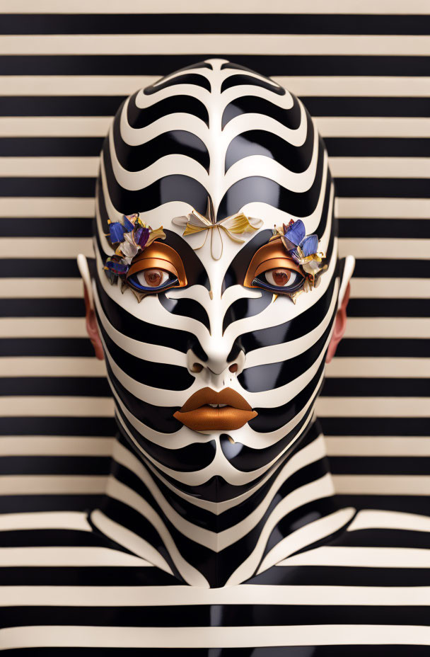 Person with black and white face paint and floral eye adornments on striped background