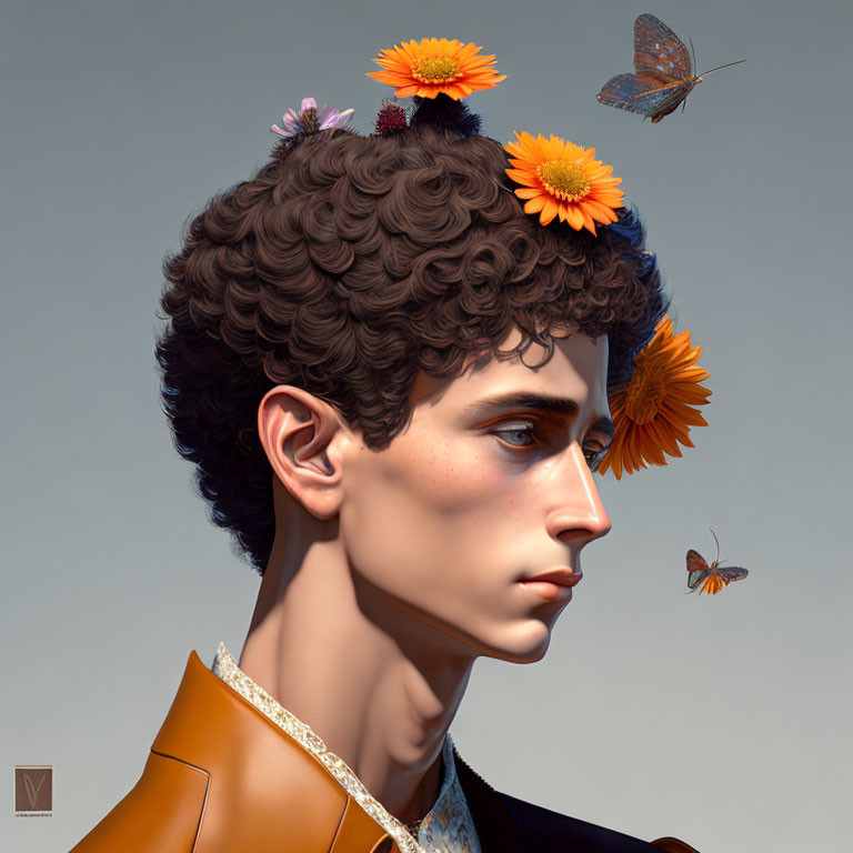 Man with Curly Hair, Orange Flowers, and Butterflies in Digital Portrait