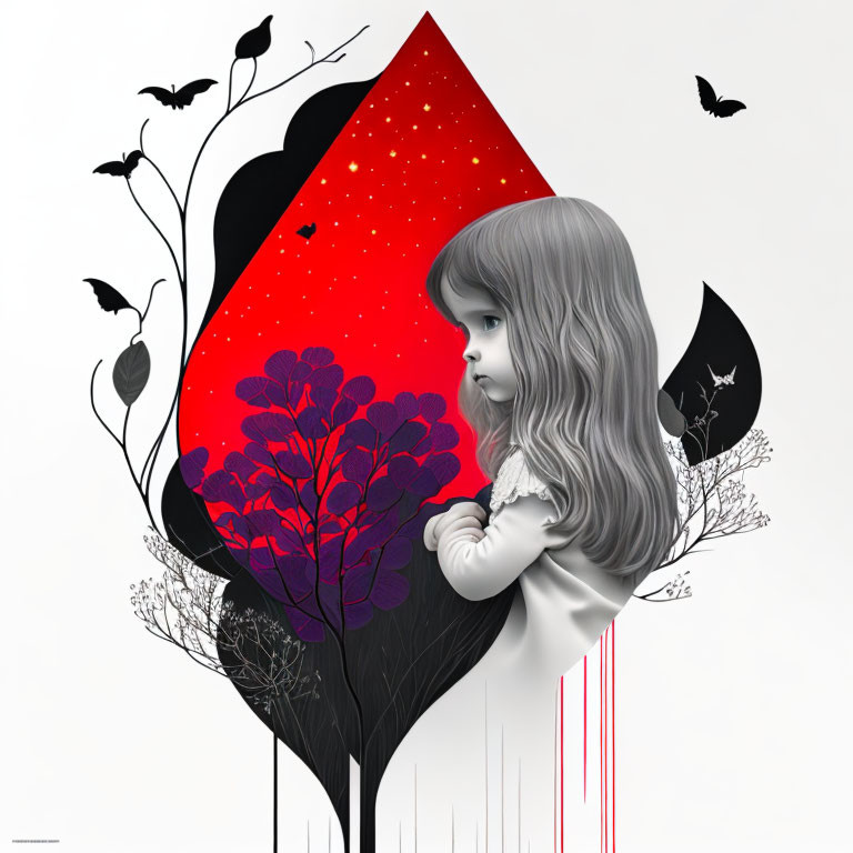 Illustration of girl admiring red diamond vista with stars, black floral silhouettes, and birds