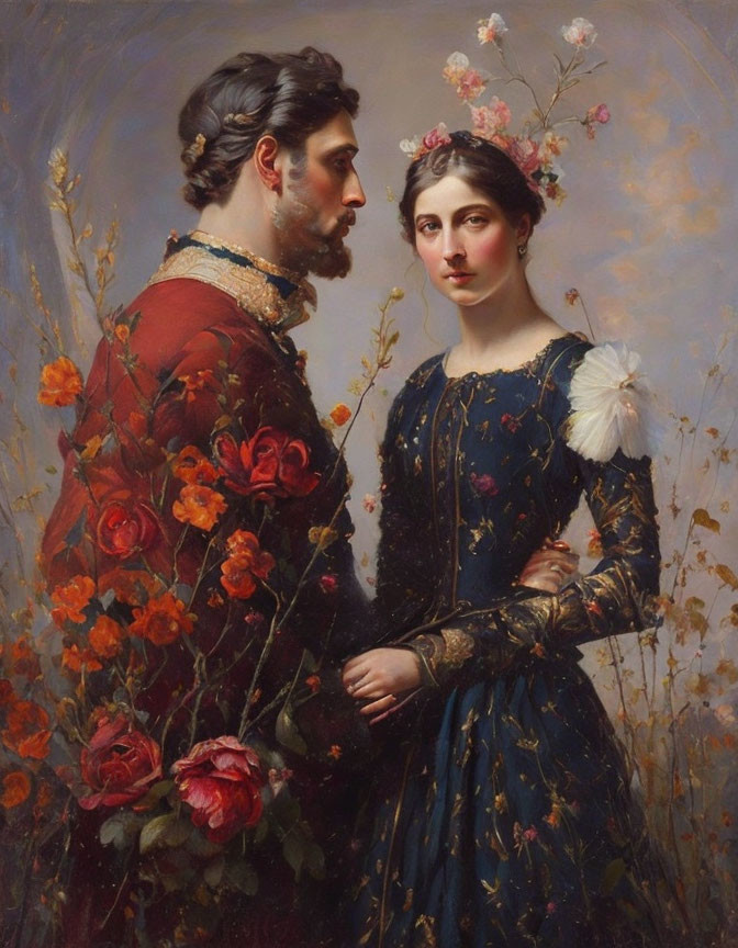 Man and woman in opulent historical attire with flowers, gazing forward