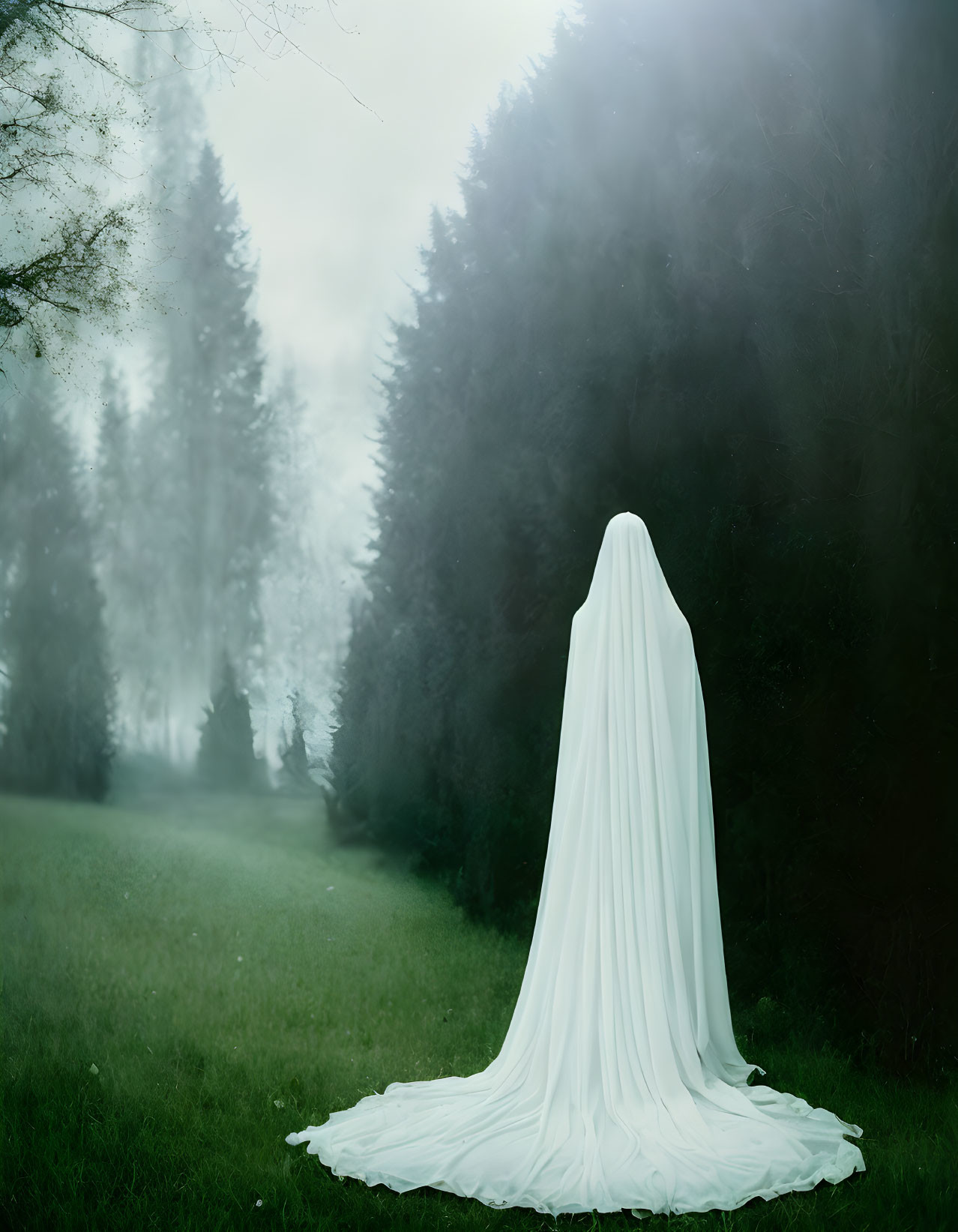 Ghostly figure in white sheet in misty forest clearing