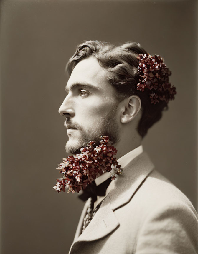 Man with Dark Hair and Beard Adorned with Small Dark Red Flowers in Light Suit Jacket