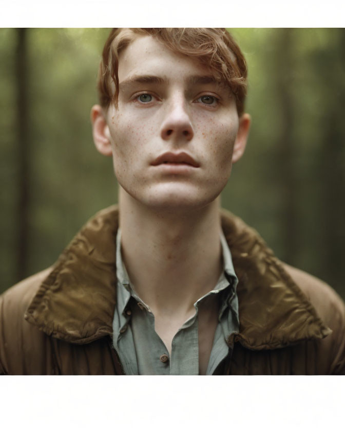 Young person with freckles and blue eyes in green shirt and brown vest in forest setting