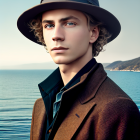 Person with wavy hair in hat and ornate jacket against tranquil sea and buildings.