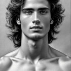 Monochrome portrait of young man with curly hair and intense gaze