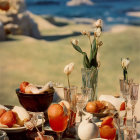 Candles, Orange Slice, Jewelry, and Mountain Background in Still Life