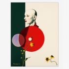 Surreal portrait featuring mannequin in red jacket, floral motifs, cracked golden egg, and