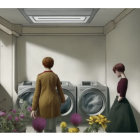 Vintage-dressed women in laundromat with skylight and washing machines