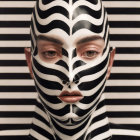 Person with black and white face paint and floral eye adornments on striped background