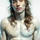 Portrait of Shirtless Young Man with Shoulder-Length Wavy Hair