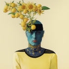 Blue face paint person obscured by yellow flowers on pale background