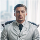 Man in White Coat with Fur Collar in Cityscape Setting