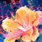 Colorful oversized flowers in peach and pink on deep blue backdrop