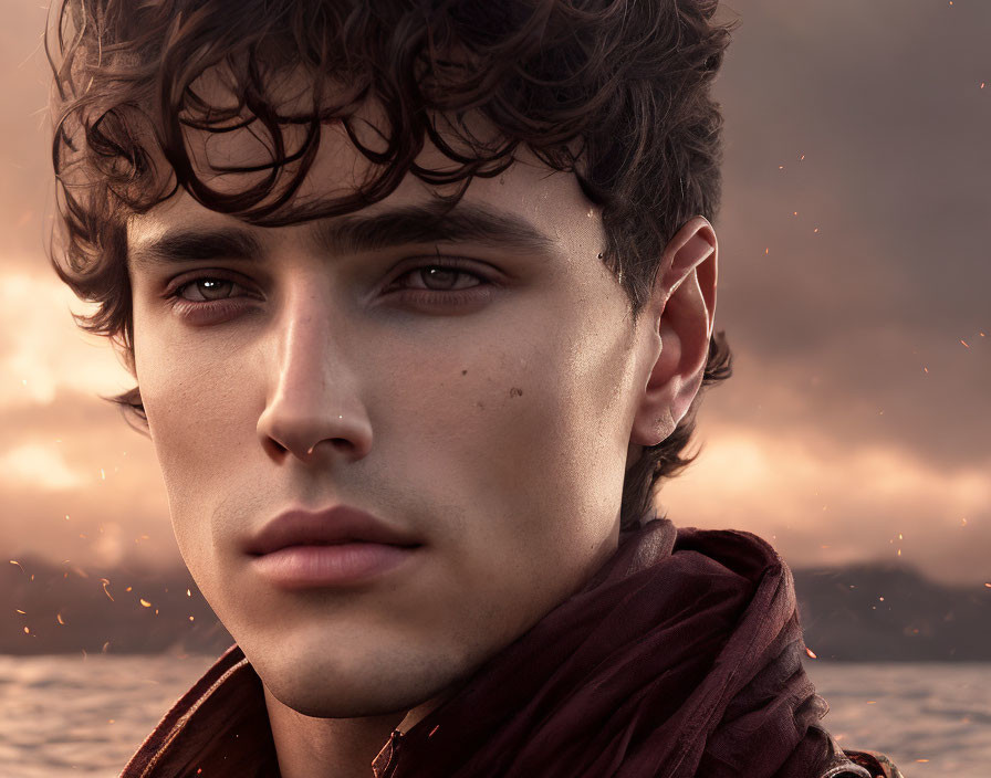 Young man with curly hair and intense gaze against dusky sky with floating embers.