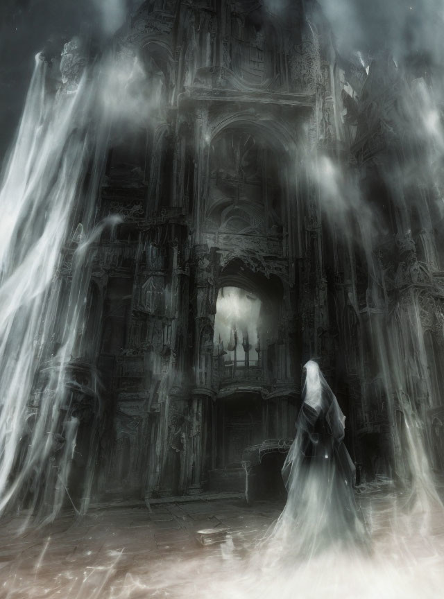 Cloaked figure at eerie gothic cathedral with ghostly streams