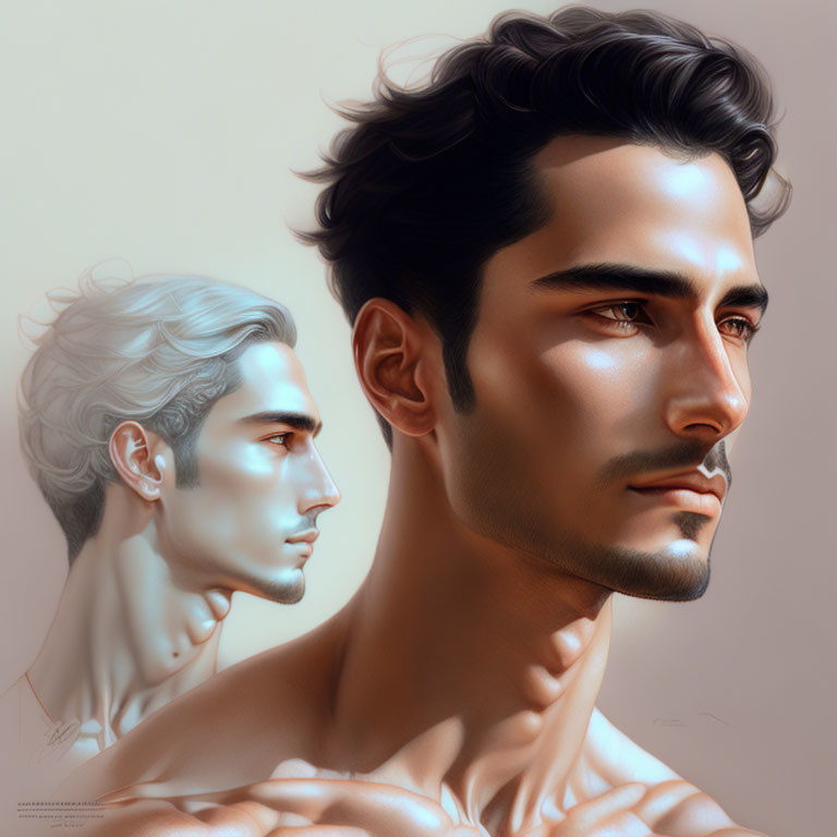 Detailed digital painting of two male profiles with soft lighting and warm tones