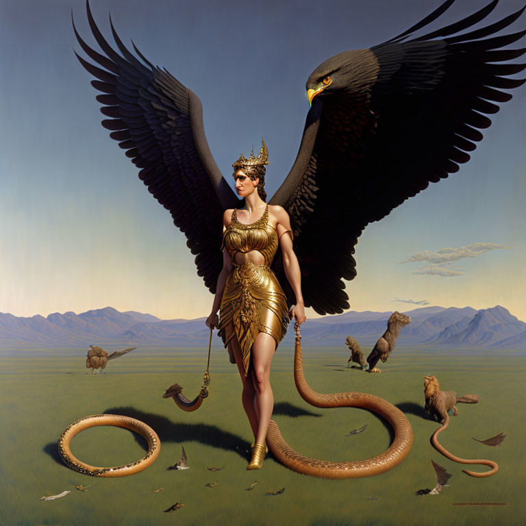 Majestic crowned figure with eagle wings and serpent tail in golden armor on vast plain