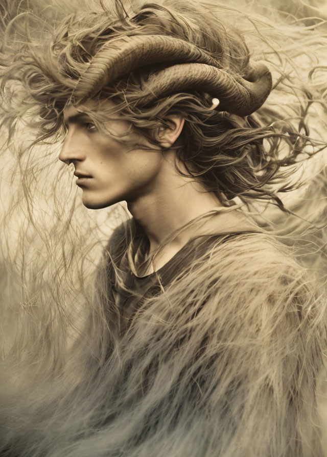 Person with voluminous wind-swept hair in fur garment and ram horn headpiece