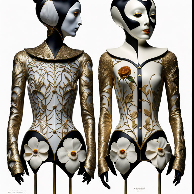 Ornate Female Mannequins with Floral Patterns on White Background