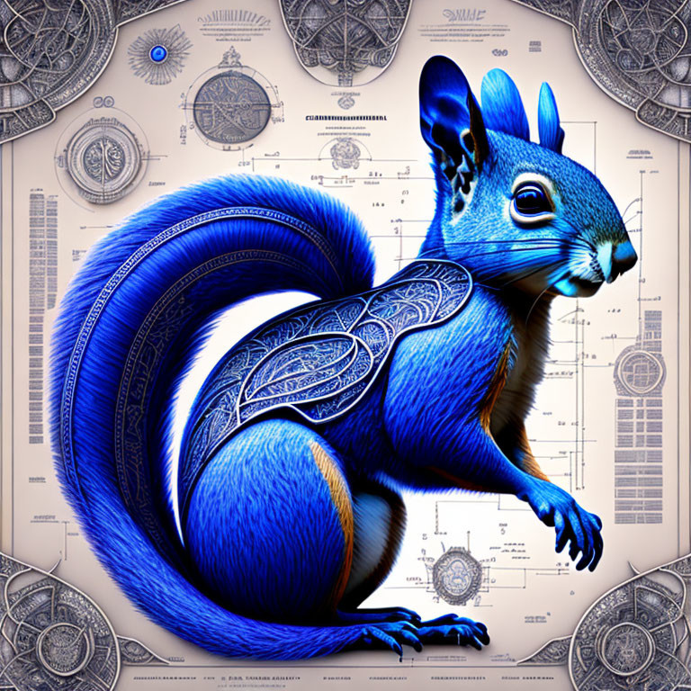 Blue squirrel with intricate patterns on scientific diagrams and circles