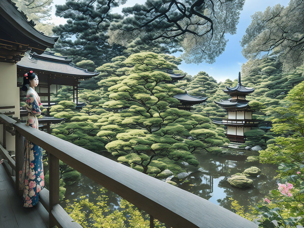 Woman in kimono on wooden balcony overlooking serene Japanese garden