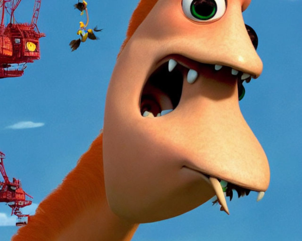 Surprised animated dinosaur with green eyes and bee on snout in blue sky.