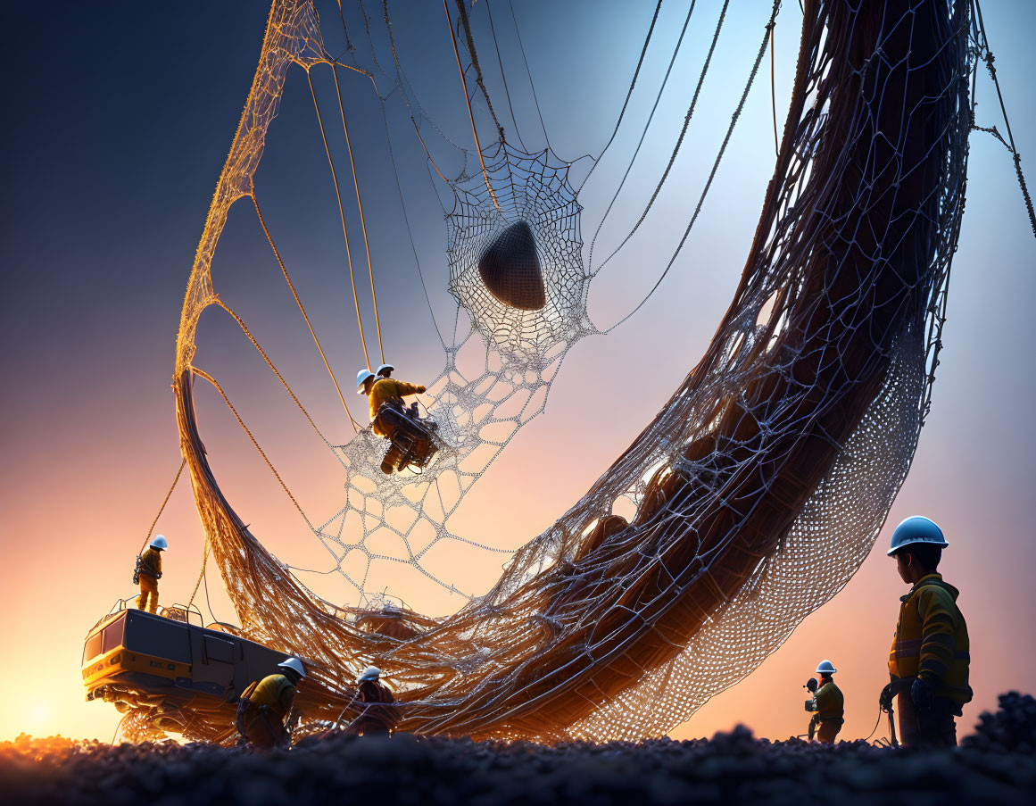 Workers managing intricate web with person stuck, against sunset backdrop