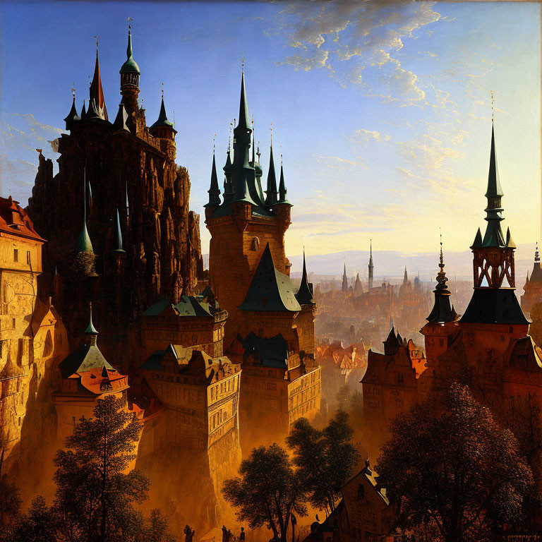 Medieval city with gothic towers and spires in warm sunlight