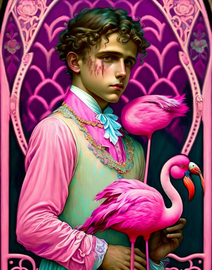 Young person in historical attire with flamingo in front of Gothic stained glass, showing scar.