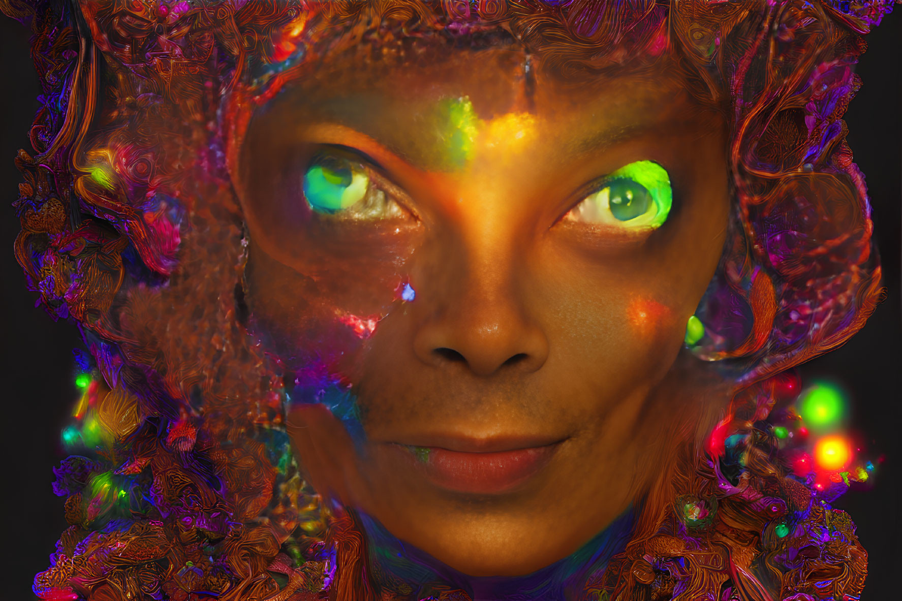 Colorful digital portrait of a woman with glowing green eyes and intricate patterns