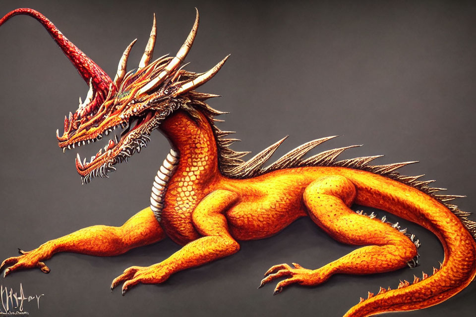 Orange Dragon with Multiple Horns and Sharp Teeth in Side Profile