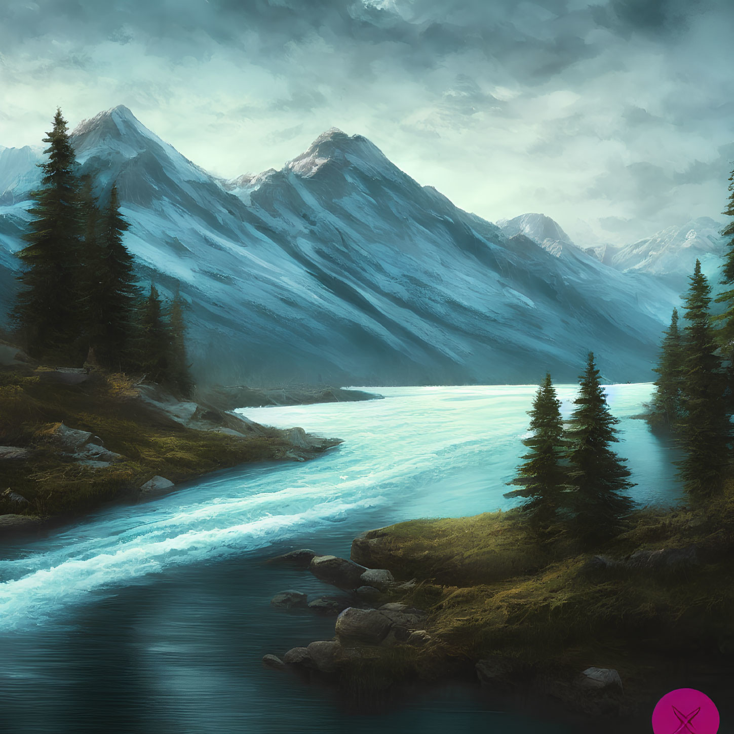 Tranquil digital painting of turquoise river in mountain landscape