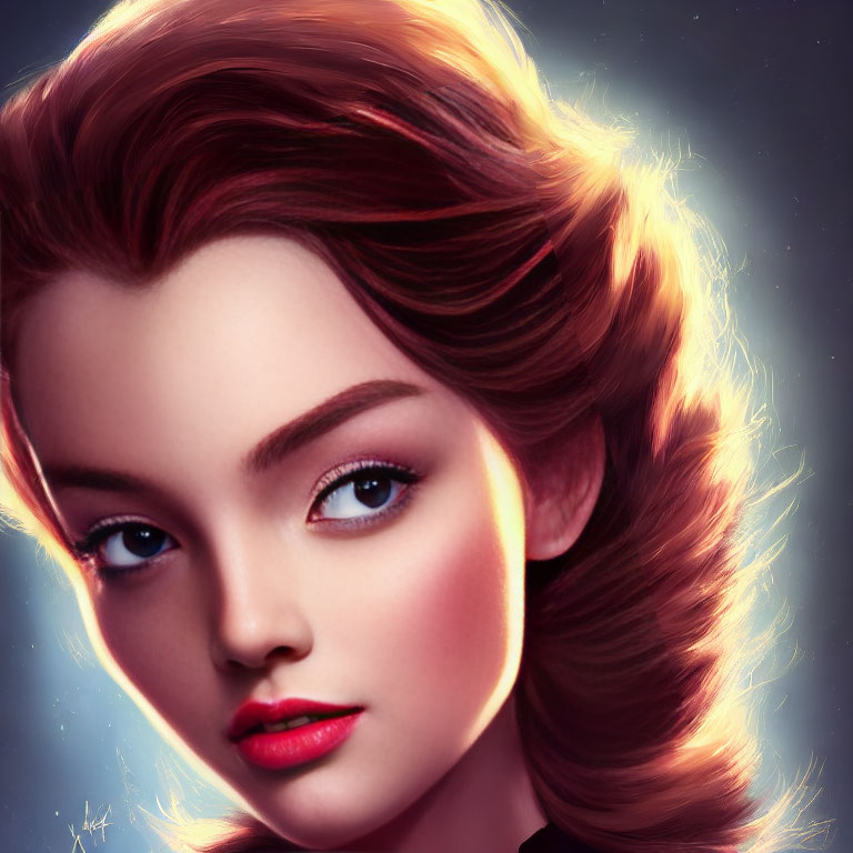 Young woman's digital portrait: glowing skin, expressive blue eyes, flowing red hair.