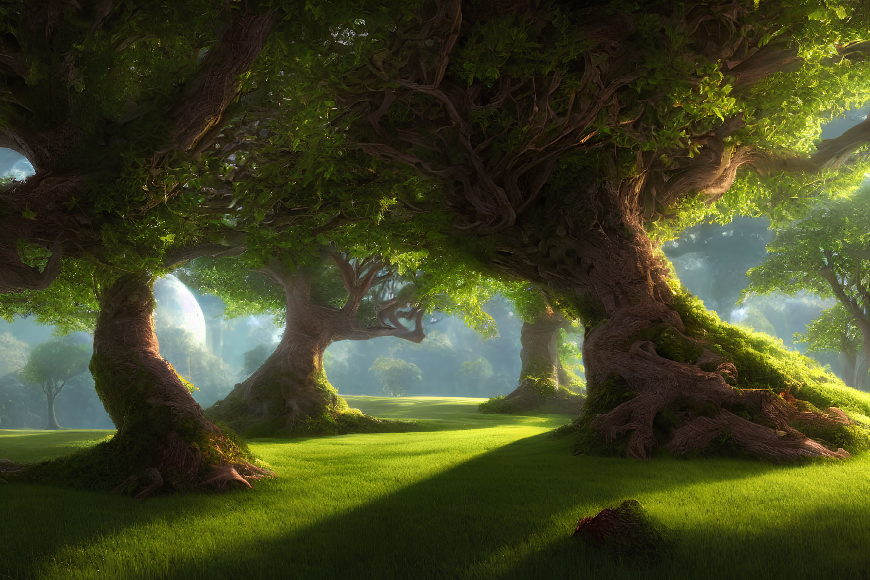 Sunlit Forest with Ancient Trees and Green Grass