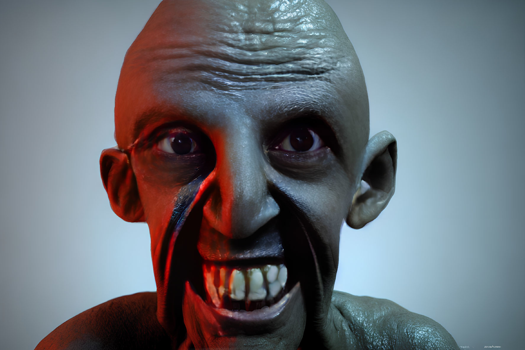 Close-up of sinister character with bald head, pointy ears, red eyes, sharp teeth, and