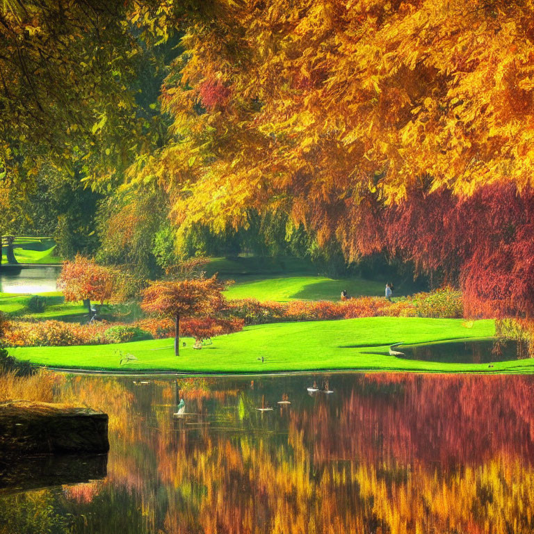 Tranquil autumn park scene with vibrant trees, pond reflections, ducks, and distant figures