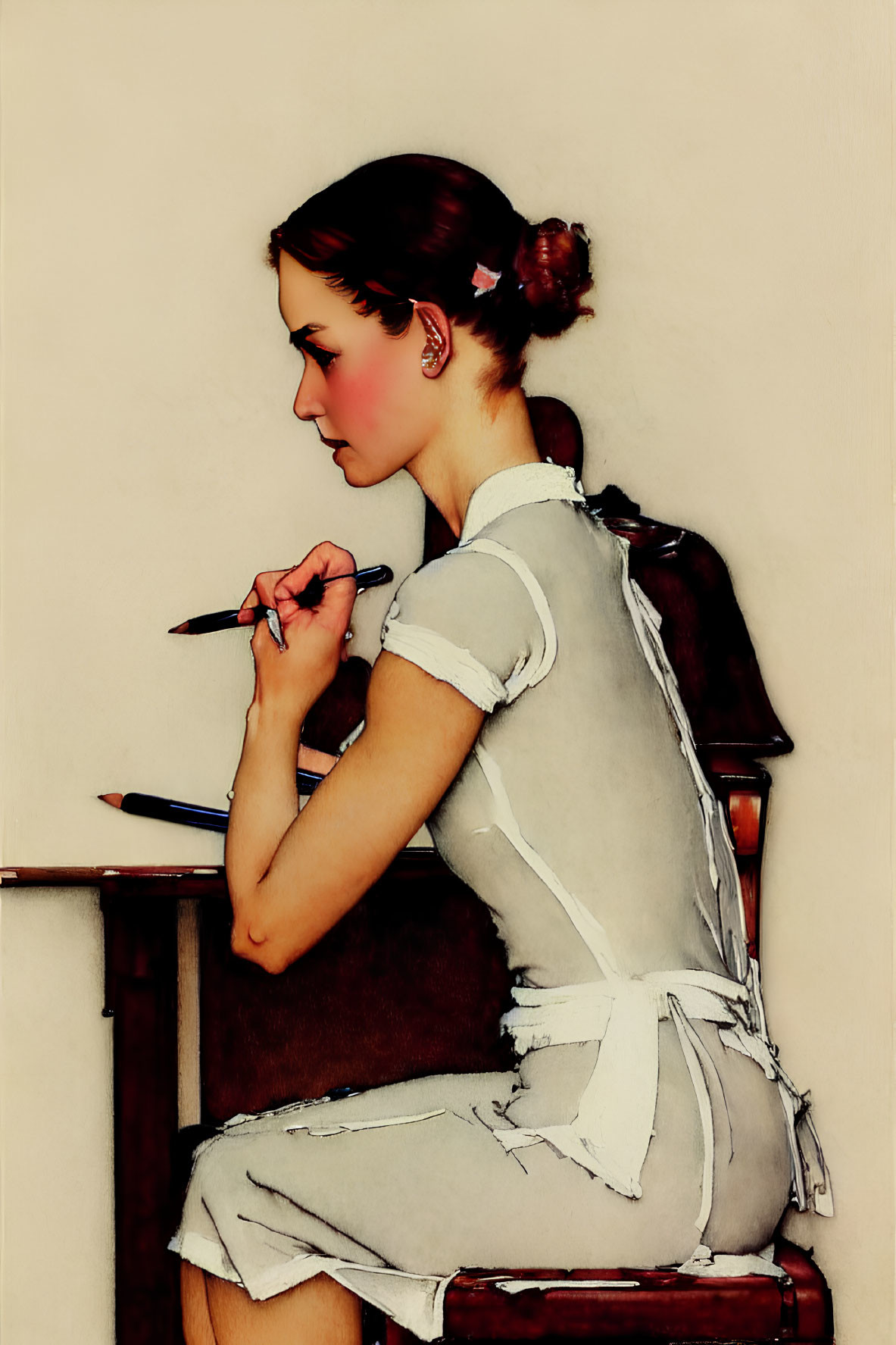 Vintage woman writing with pen on paper in profile view