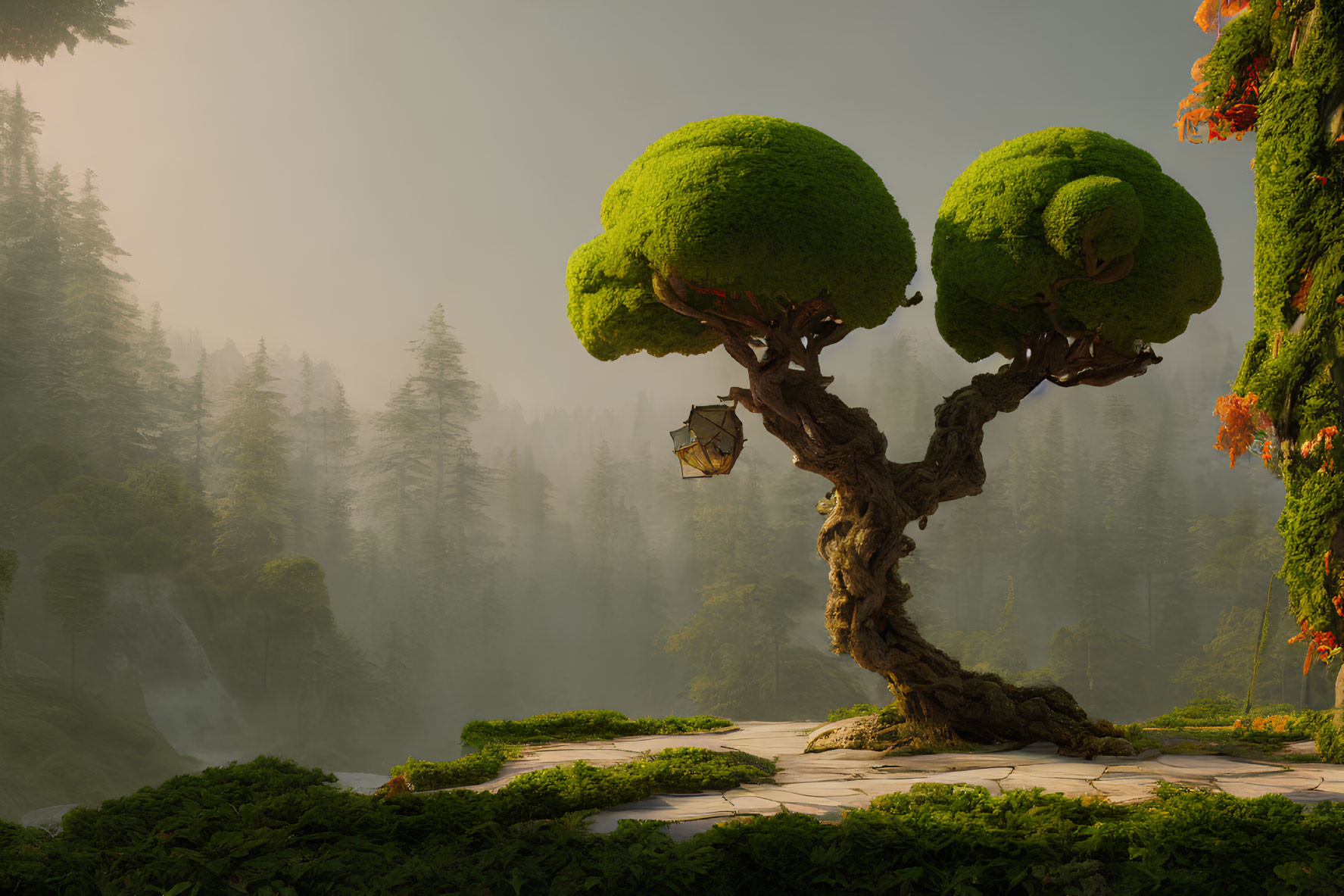 Whimsical tree with thick trunk and bushy canopies on hill overlooking misty forest