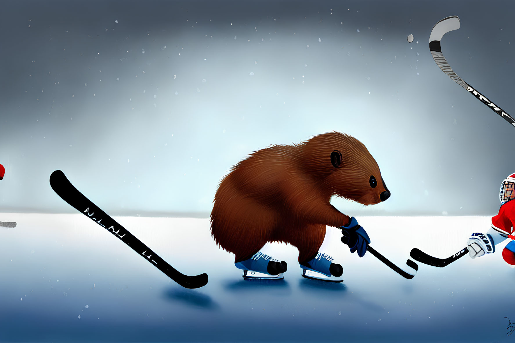Illustrated beaver playing hockey on ice skates with sticks