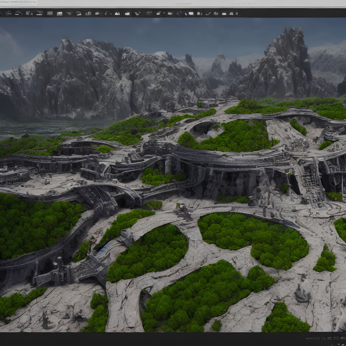 Detailed 3D Render: Ancient Stone City Amid Lush Greenery & Mountains