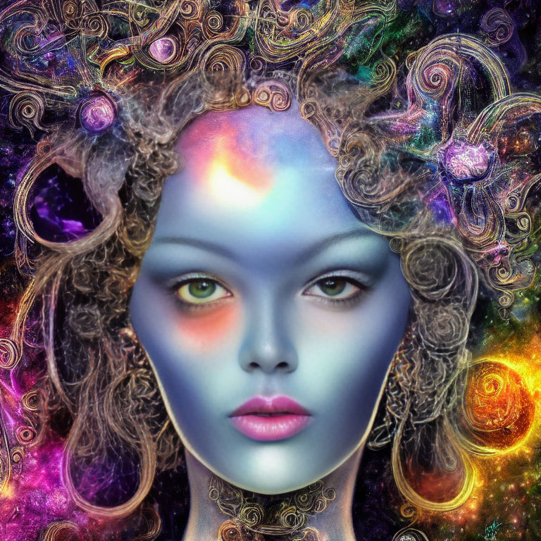 Symmetrical female face with cosmic background and celestial hair.