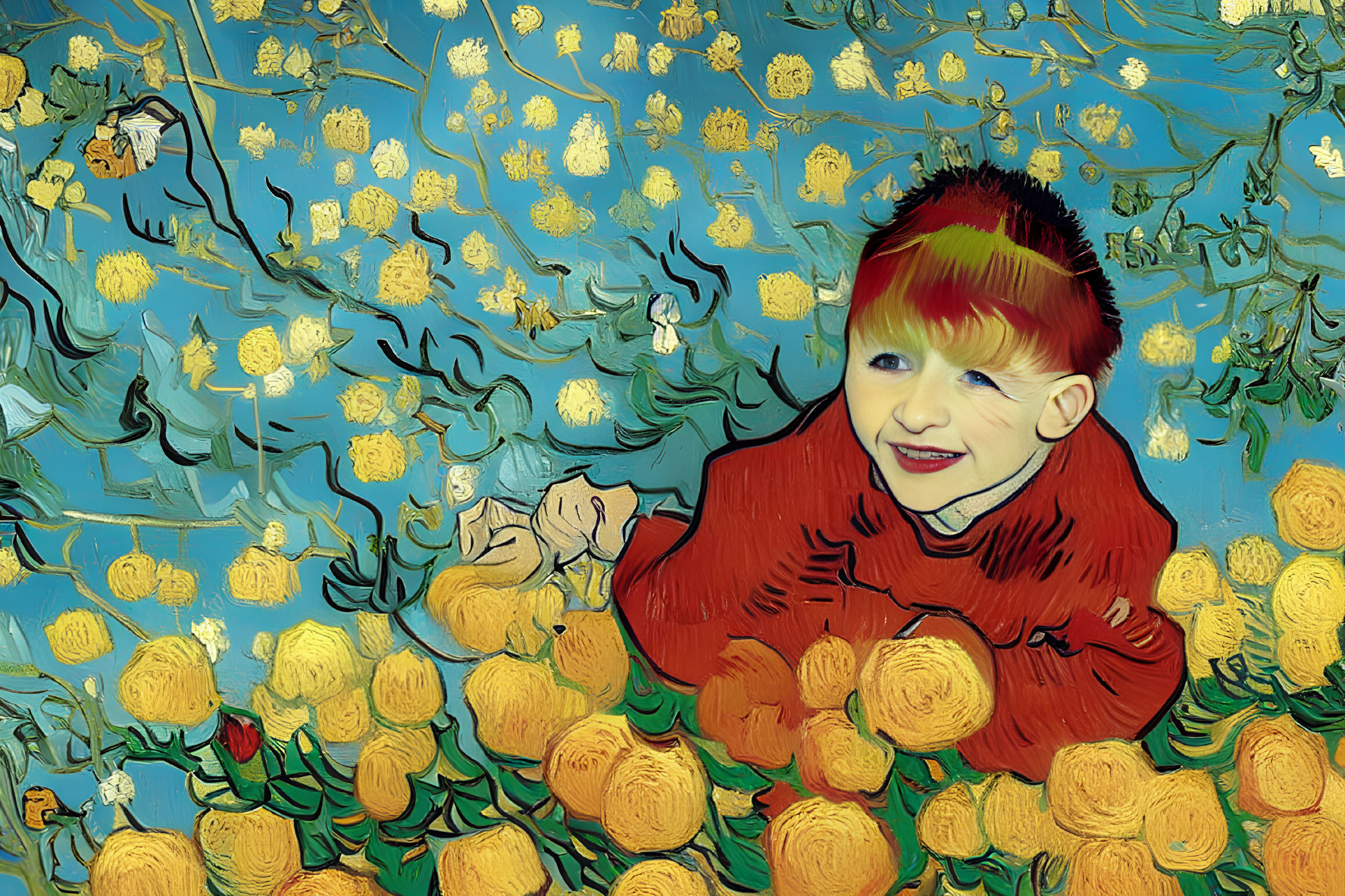 Red-haired child superimposed on "Starry Night" painting