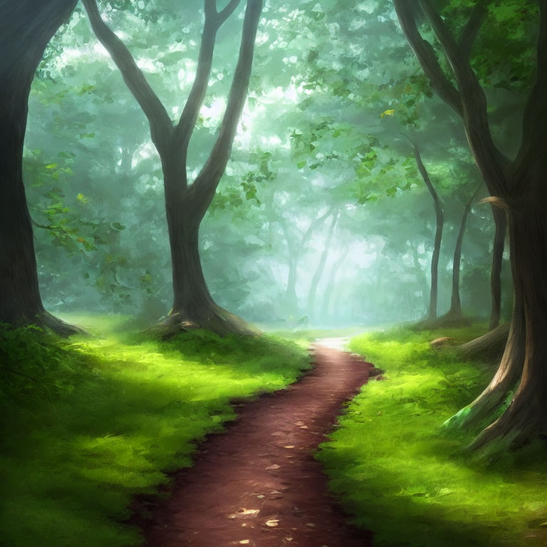 Tranquil Forest Path with Sunlight Filtering Through Green Canopy