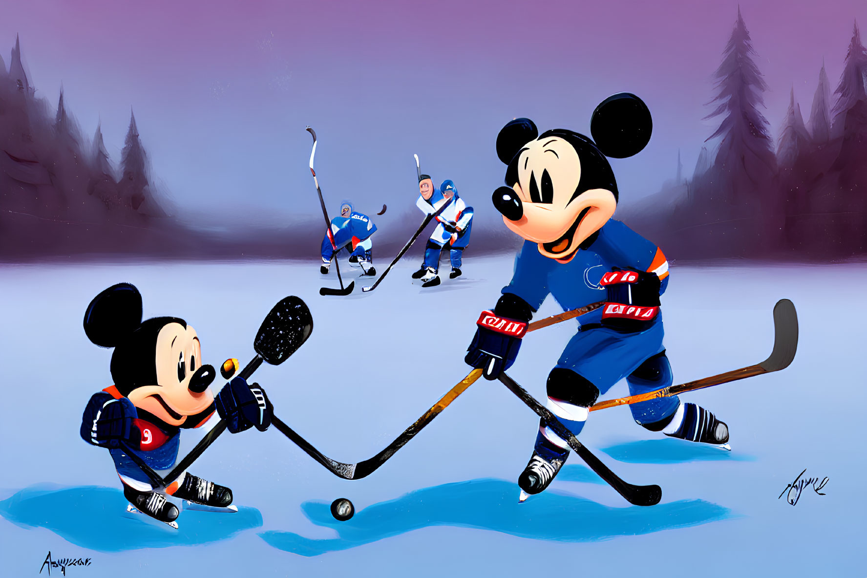 Disney character playing hockey with friends in snowy forest setting