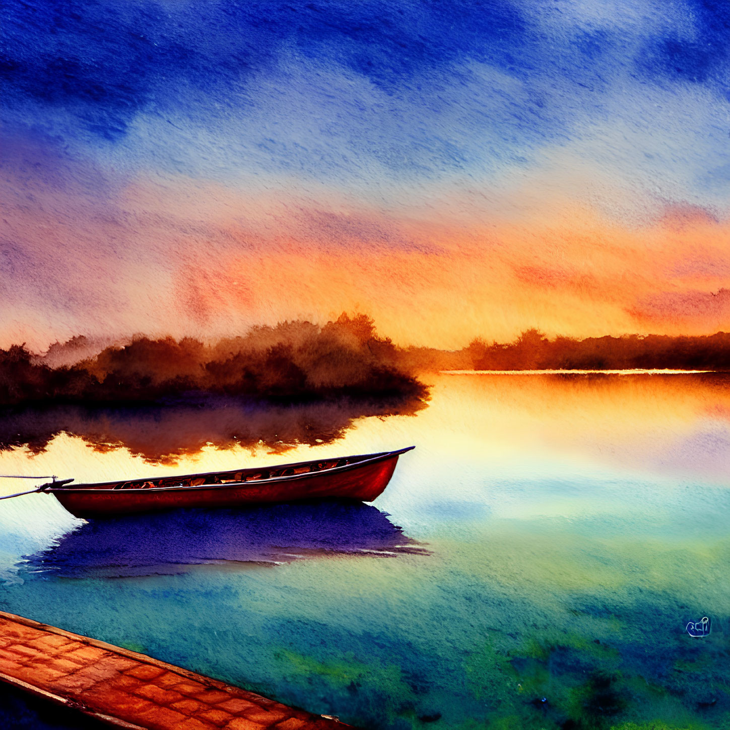 Serene Sunset Lake Watercolor Painting